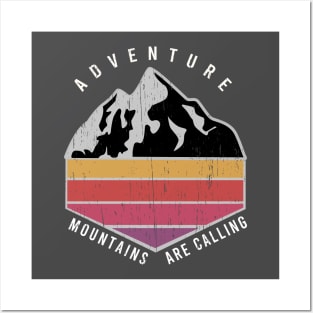 Adventure Mountains are calling distressed vintage retro stripes colors sunset Posters and Art